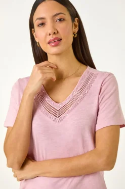 Roman Light Pink Sequin Trim V Neck Stretch Top