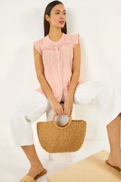 Roman Light Pink Stripe Print Frill Blouse