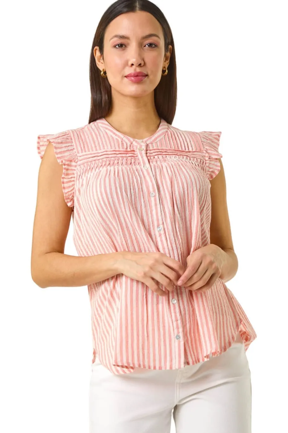 Roman Light Pink Stripe Print Frill Blouse