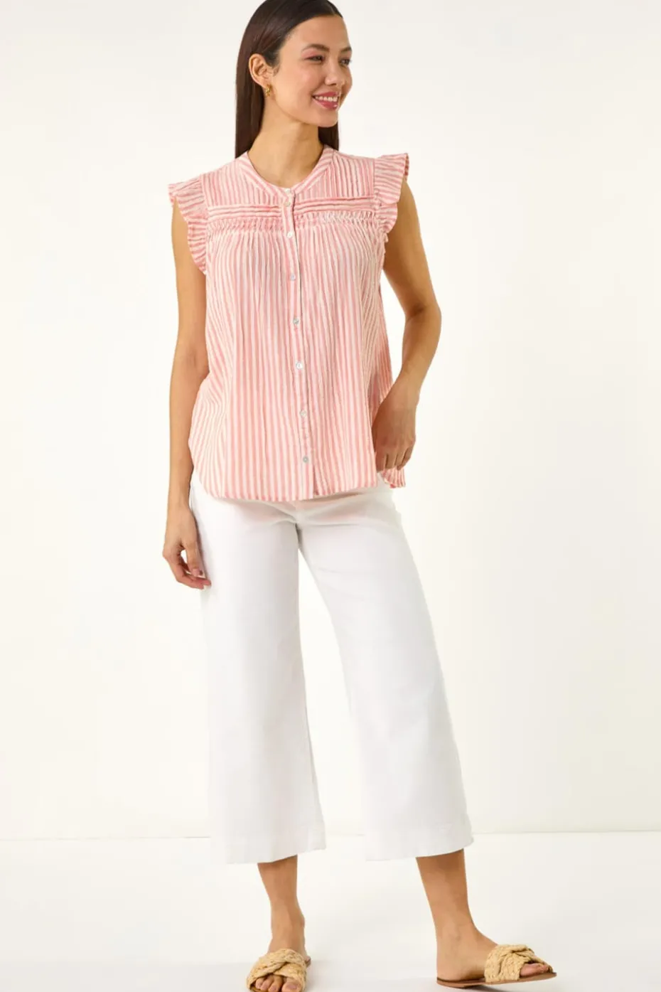 Roman Light Pink Stripe Print Frill Blouse