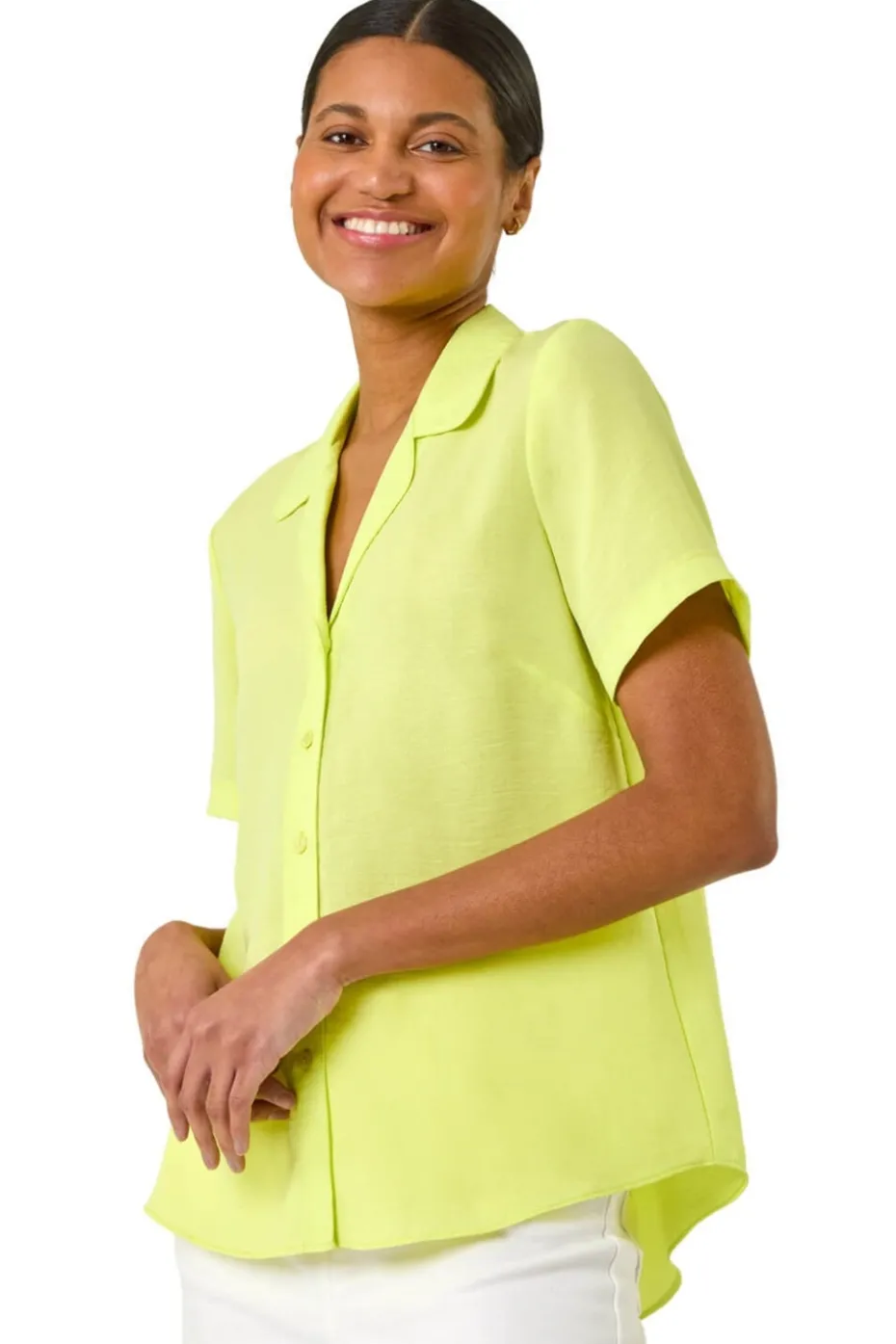 Roman Light Yellow Collared Short Sleeve Blouse