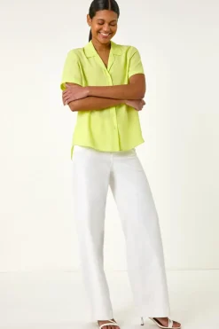 Roman Light Yellow Collared Short Sleeve Blouse