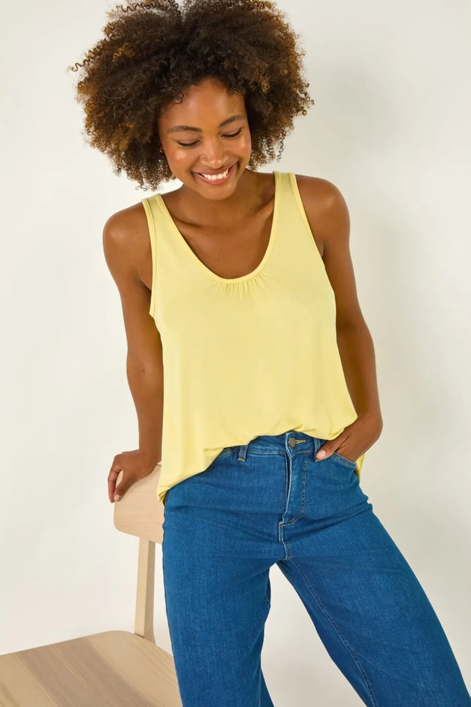 Roman Light Yellow Plain V Neck Stretch Jersey Vest Top
