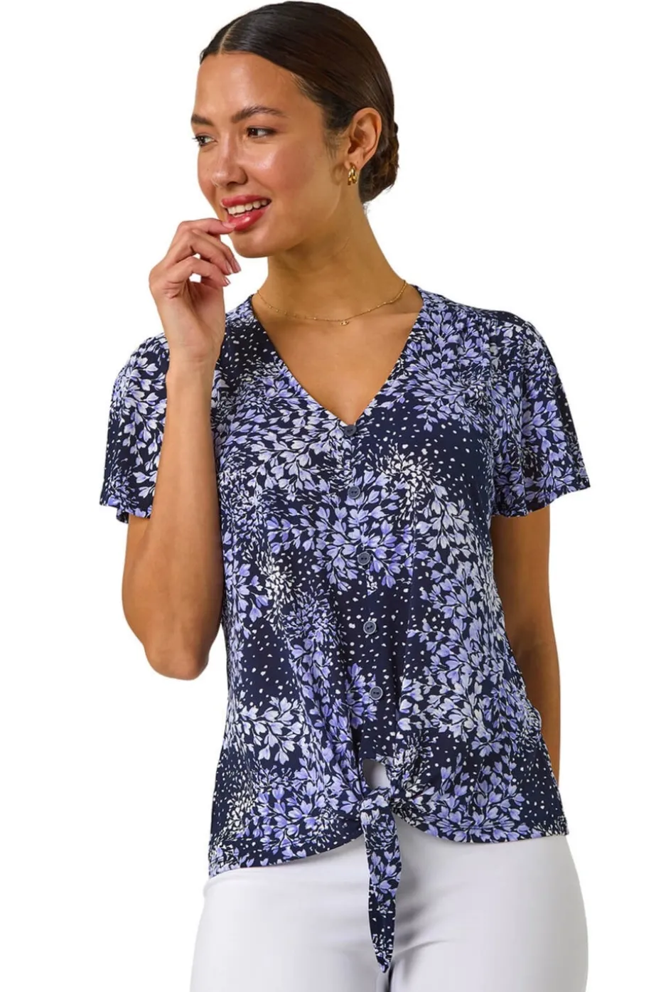 Roman Lilac Floral Print Tie Front Stretch Top