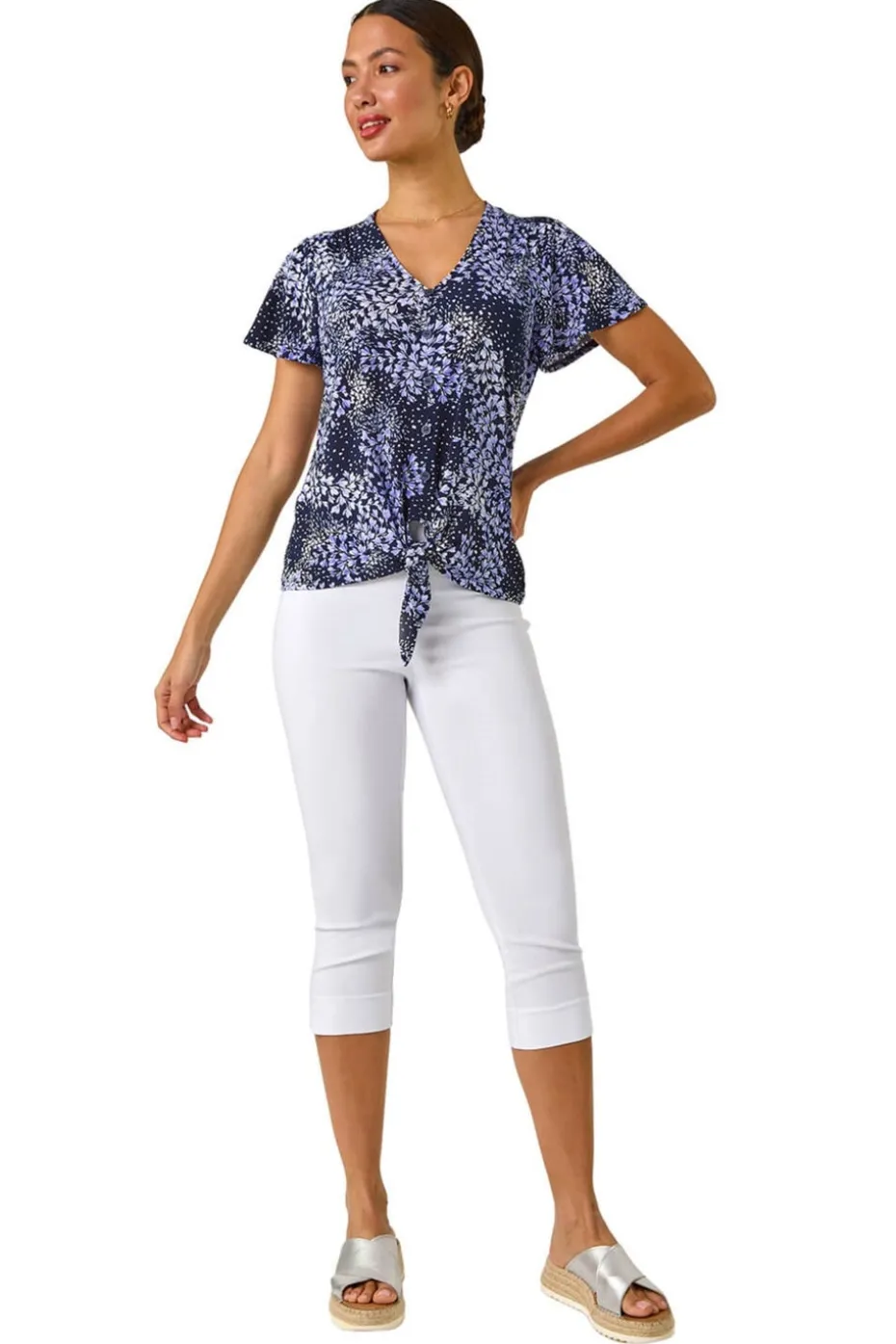 Roman Lilac Floral Print Tie Front Stretch Top