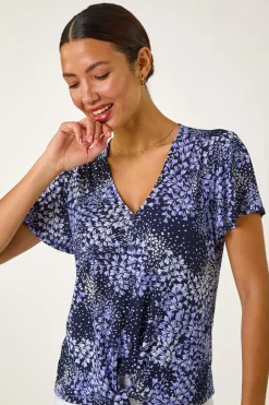 Roman Lilac Floral Print Tie Front Stretch Top