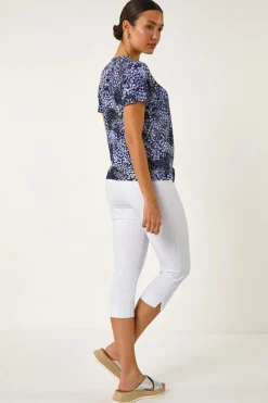 Roman Lilac Floral Print Tie Front Stretch Top