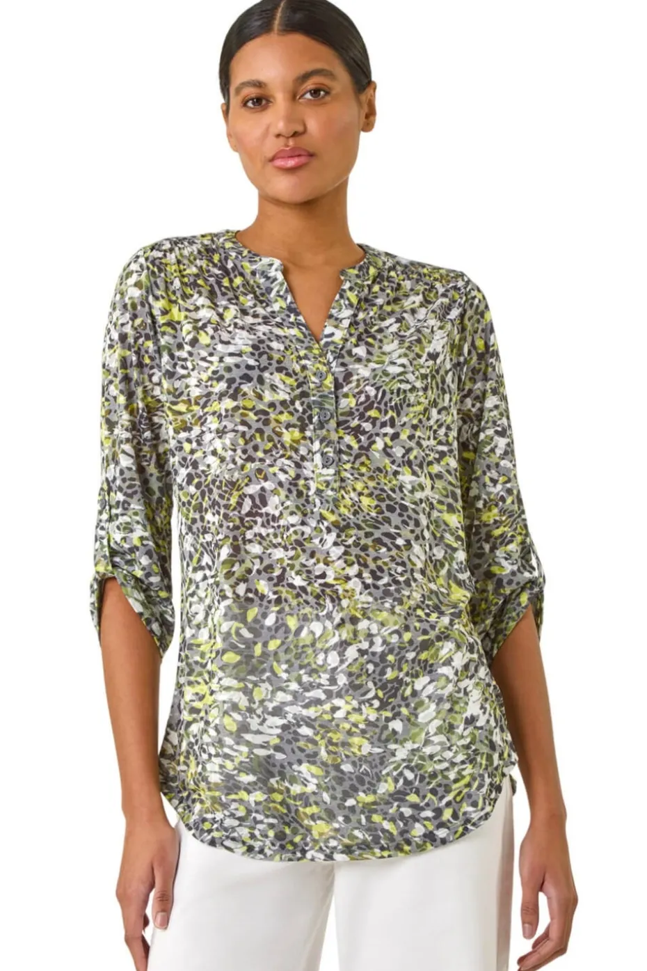 Roman Lime Animal Print Burnout V-Neck Shirt