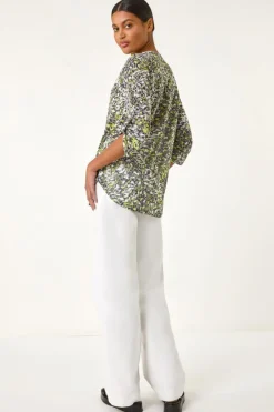 Roman Lime Animal Print Burnout V-Neck Shirt