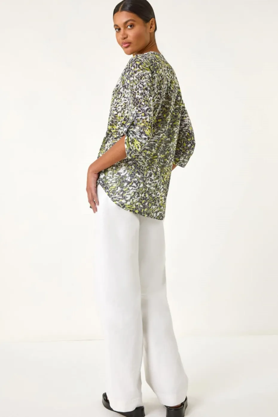 Roman Lime Animal Print Burnout V-Neck Shirt