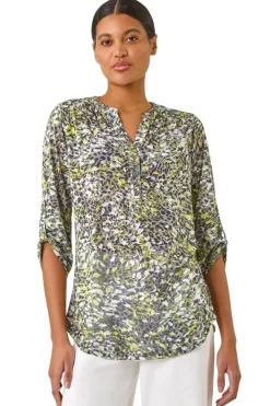 Roman Lime Animal Print Burnout V-Neck Shirt