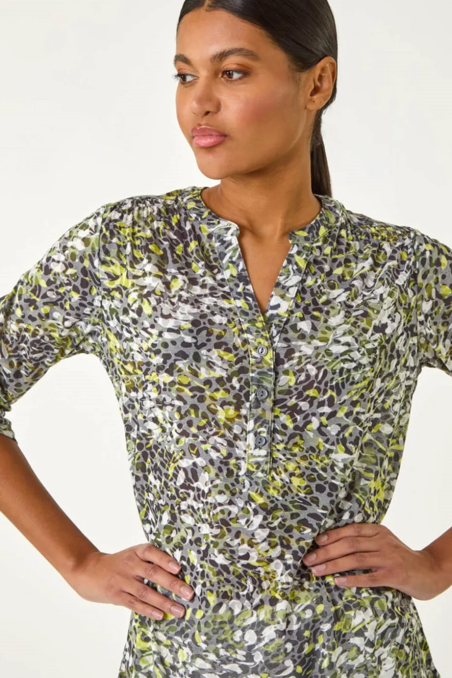 Roman Lime Animal Print Burnout V-Neck Shirt