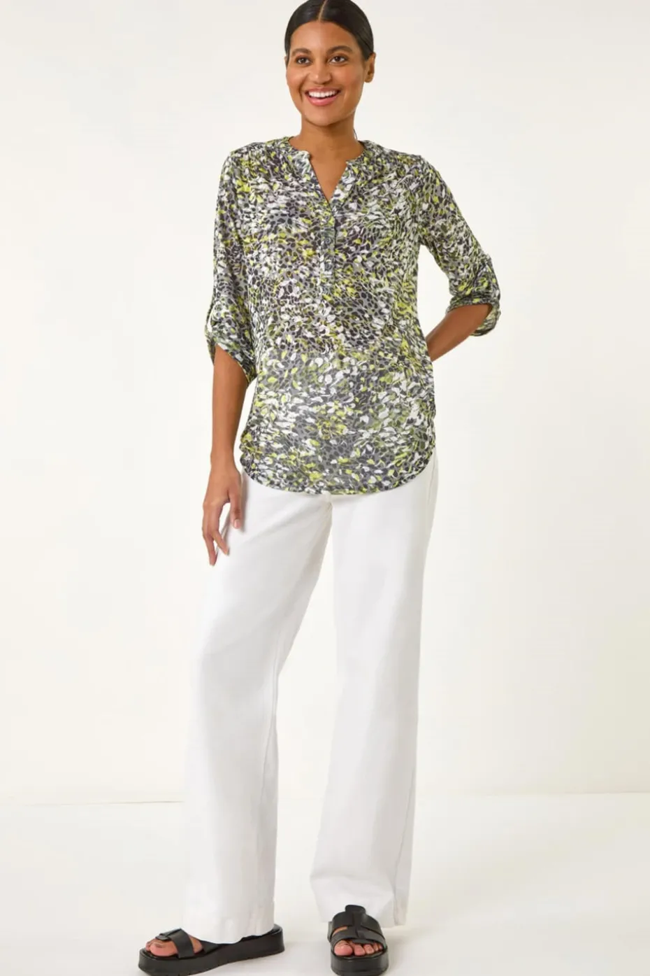 Roman Lime Animal Print Burnout V-Neck Shirt
