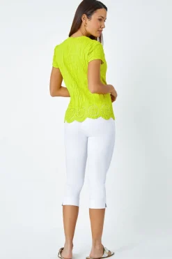 Roman Lime Cotton Embroidered V-Neck Crinkle Blouse