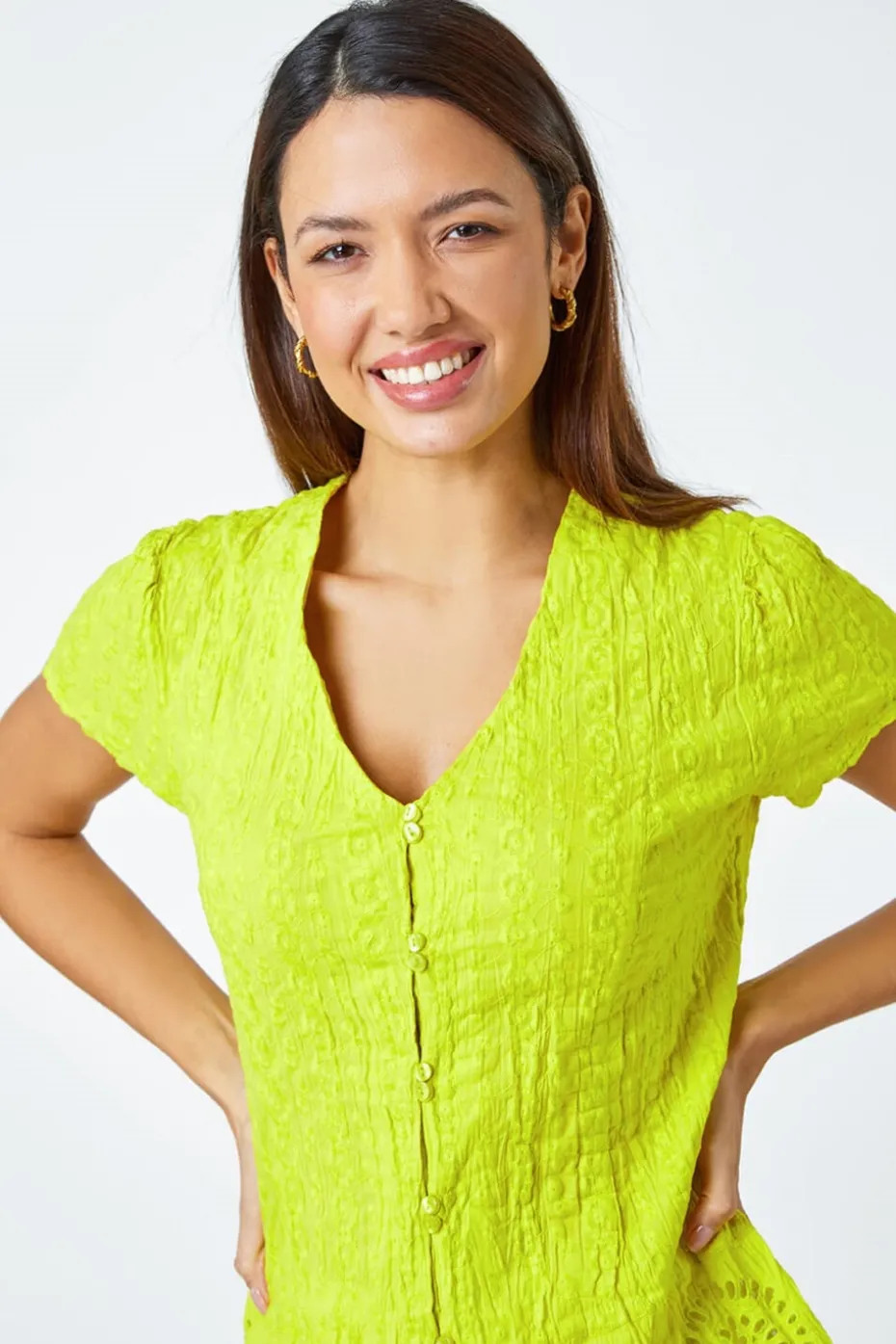 Roman Lime Cotton Embroidered V-Neck Crinkle Blouse
