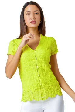 Roman Lime Cotton Embroidered V-Neck Crinkle Blouse