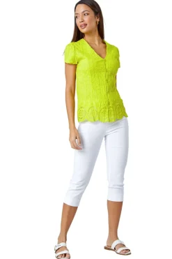 Roman Lime Cotton Embroidered V-Neck Crinkle Blouse