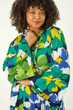 Roman Lime Curve Floral Print Tiered Dress