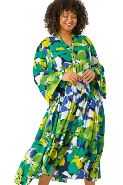 Roman Lime Curve Floral Print Tiered Dress