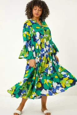 Roman Lime Curve Floral Print Tiered Dress