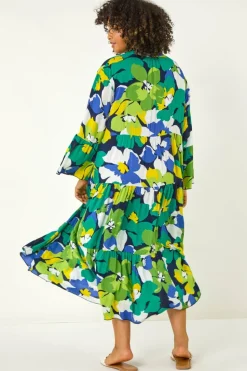 Roman Lime Curve Floral Print Tiered Dress