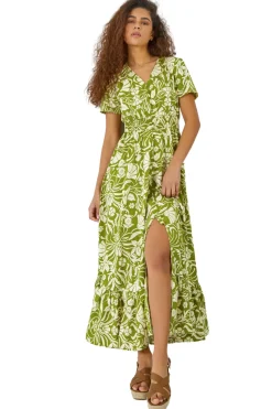 Roman Lime  Floral Print Button Detail Maxi Dress