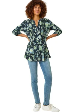Roman Lime Floral Print Pintuck Shirt