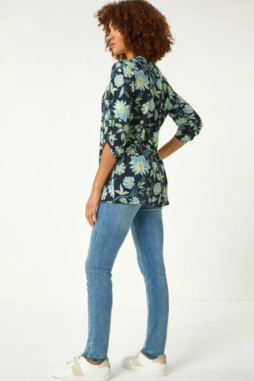 Roman Lime Floral Print Pintuck Shirt