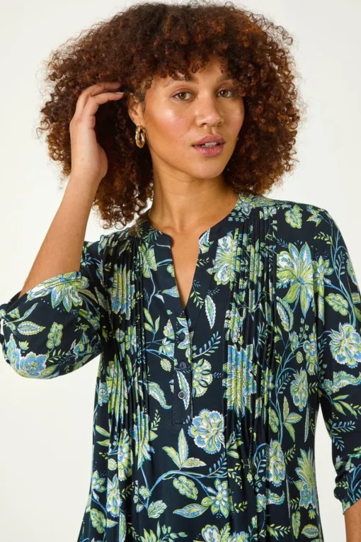 Roman Lime Floral Print Pintuck Shirt