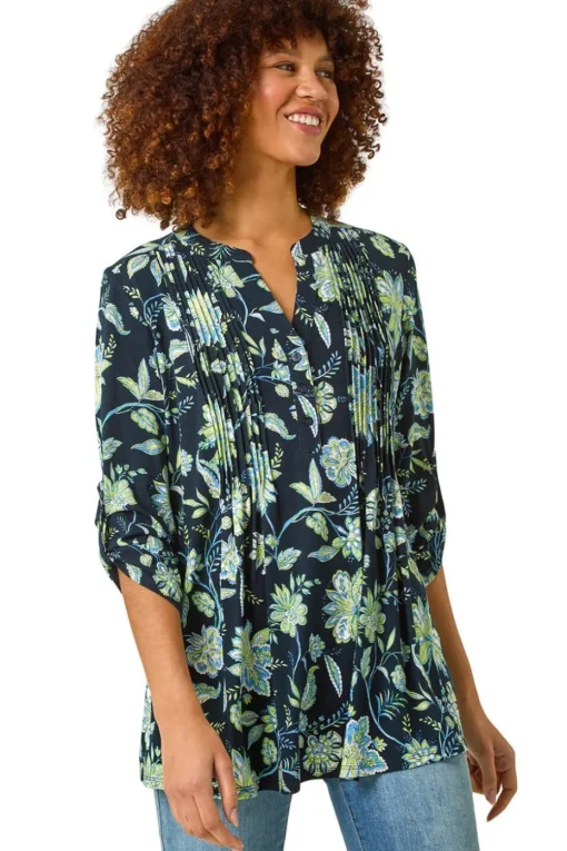 Roman Lime Floral Print Pintuck Shirt