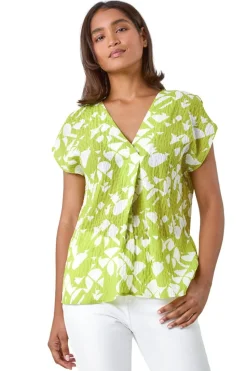 Roman Lime Geometric Crinkle Textured  V-Neck Top