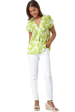 Roman Lime Geometric Crinkle Textured  V-Neck Top