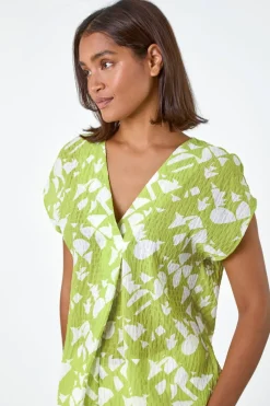 Roman Lime Geometric Crinkle Textured  V-Neck Top