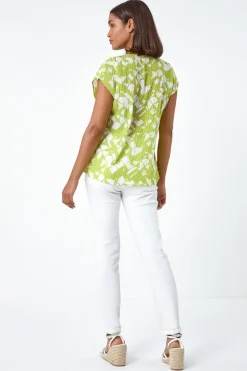 Roman Lime Geometric Crinkle Textured  V-Neck Top