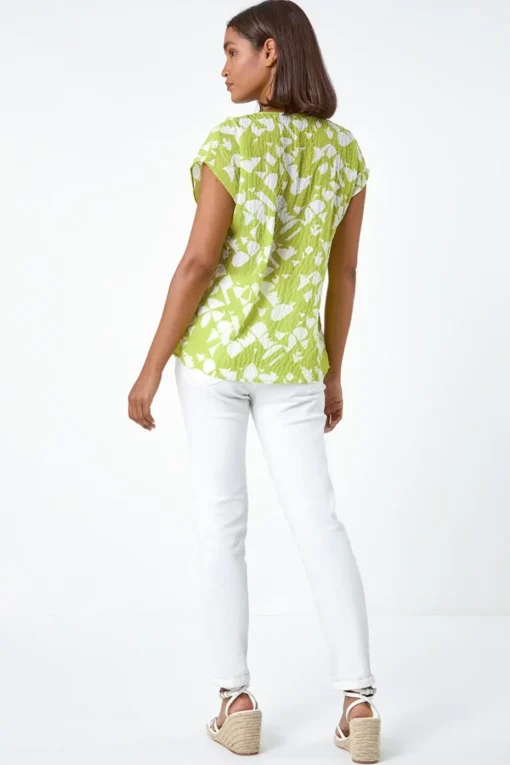Roman Lime Geometric Crinkle Textured  V-Neck Top