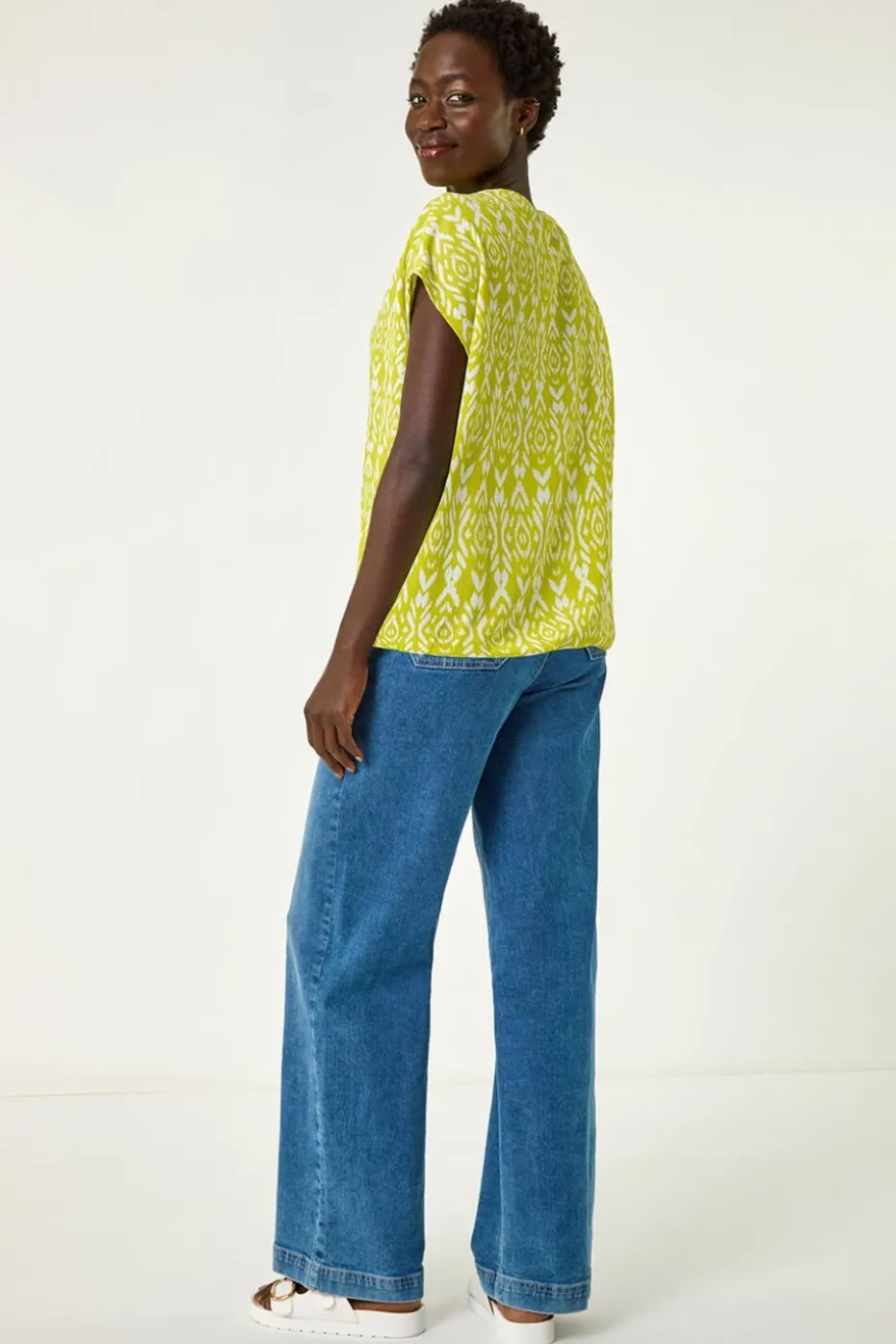 Roman Lime Ikat Print Bubble Hem Top