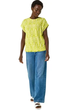 Roman Lime Ikat Print Bubble Hem Top