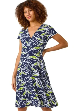 Roman Lime Leaf Print Wrap Bodice Dress