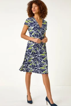Roman Lime Leaf Print Wrap Bodice Dress