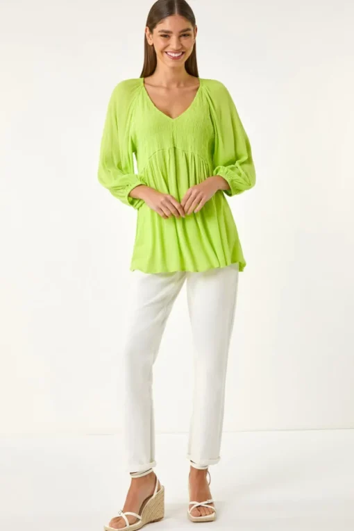 Roman Lime Shirred V-Neck Top