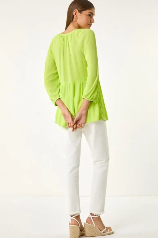 Roman Lime Shirred V-Neck Top