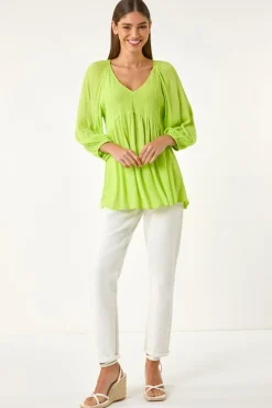 Roman Lime Shirred V-Neck Top