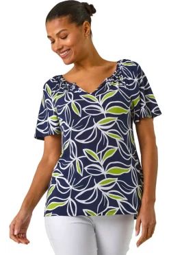 Roman Lime Textured Leaf Print V-Neck Stretch Top