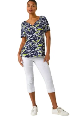 Roman Lime Textured Leaf Print V-Neck Stretch Top