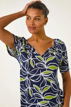 Roman Lime Textured Leaf Print V-Neck Stretch Top