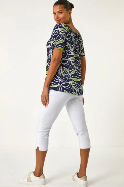 Roman Lime Textured Leaf Print V-Neck Stretch Top
