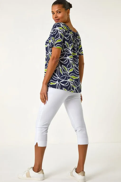 Roman Lime Textured Leaf Print V-Neck Stretch Top