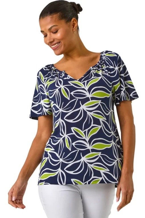 Roman Lime Textured Leaf Print V-Neck Stretch Top
