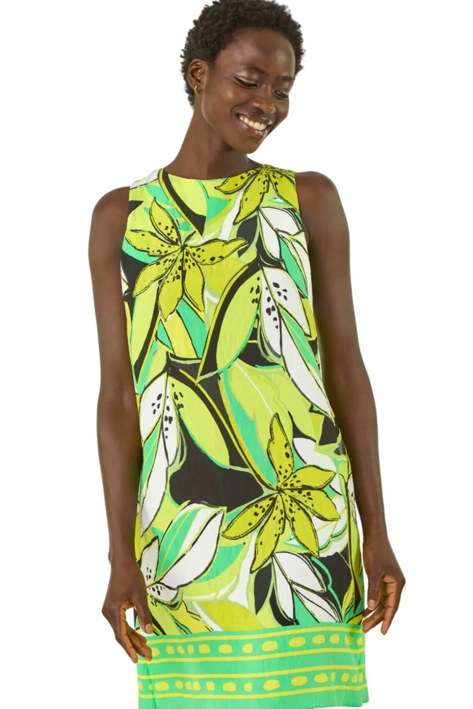 Roman Lime Tropical Leaf Border Shift Dress