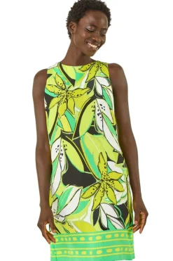 Roman Lime Tropical Leaf Border Shift Dress
